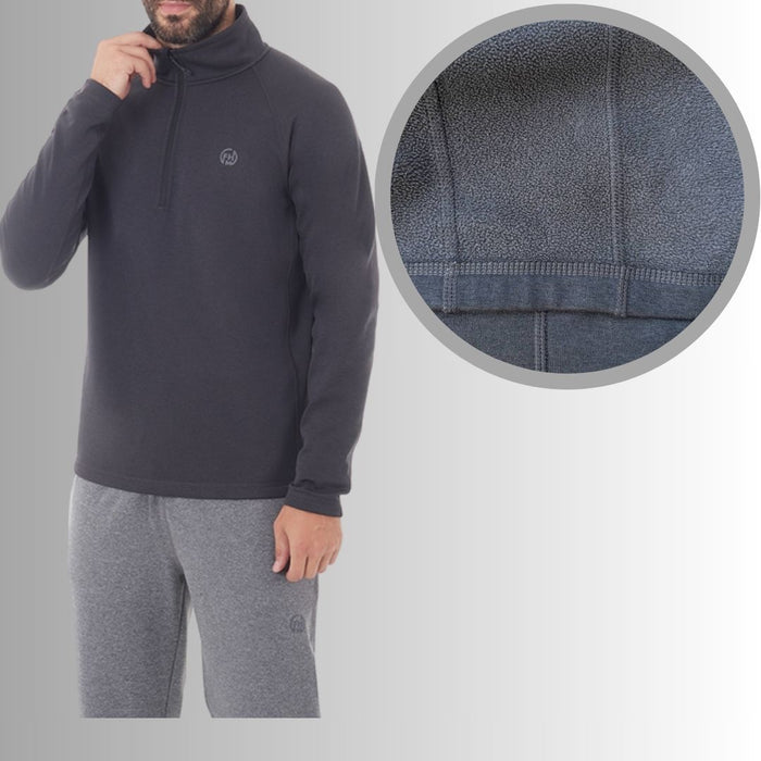 FHM fleece jaka ar puszipu, melna, silta un ērta, piemērota rudens un ziemas pārgājieniem, tuvplāns uz šuvēm un materiālu.