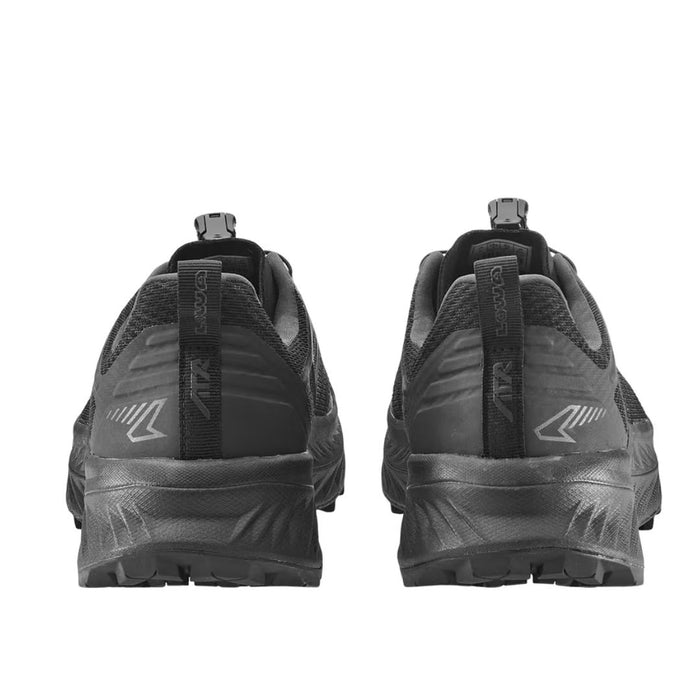 Taku skriešanas apavi LOWA Fortux GTX sintētiski melni ar GORE-TEX membrānu. No aizmugures.