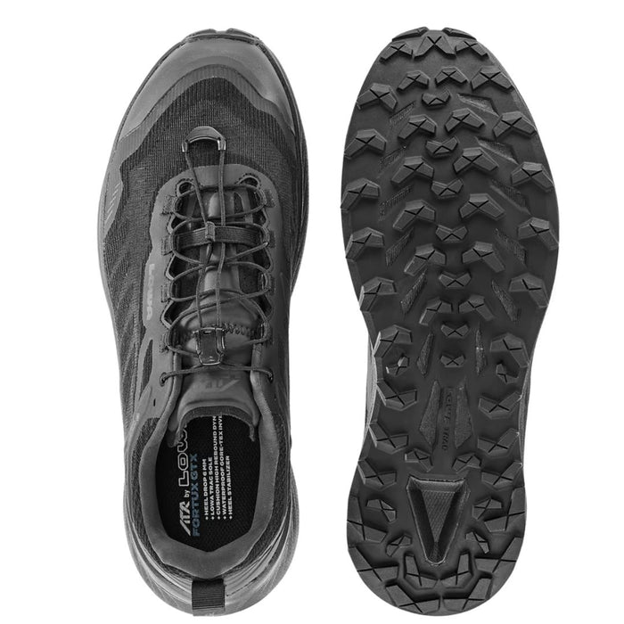 Taku skriešanas apavi LOWA Fortux GTX sintētiski melni ar GORE-TEX membrānu.