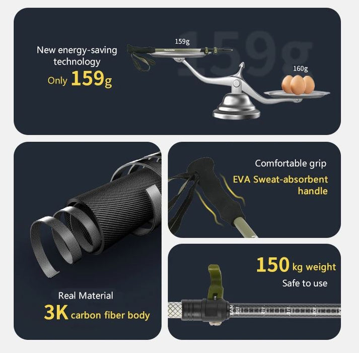 Naturehike Sniega EXT1-trīsdaļīgas oglekļa šķiedras pārgājienu nūja gaiši zaļas 57-120cm 1 gab.